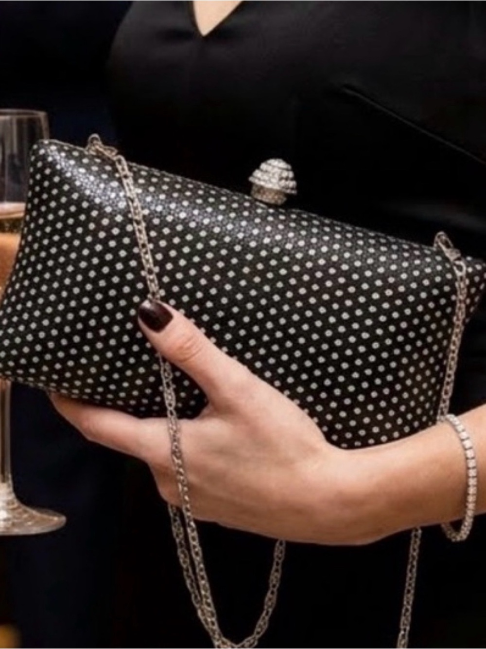Macy's Black Rhinestone Embellished Evening Clutch with Silver Accents